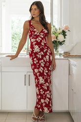 V Neck Sleeveless Floral Print Waist Tie Up Maxi Dresses